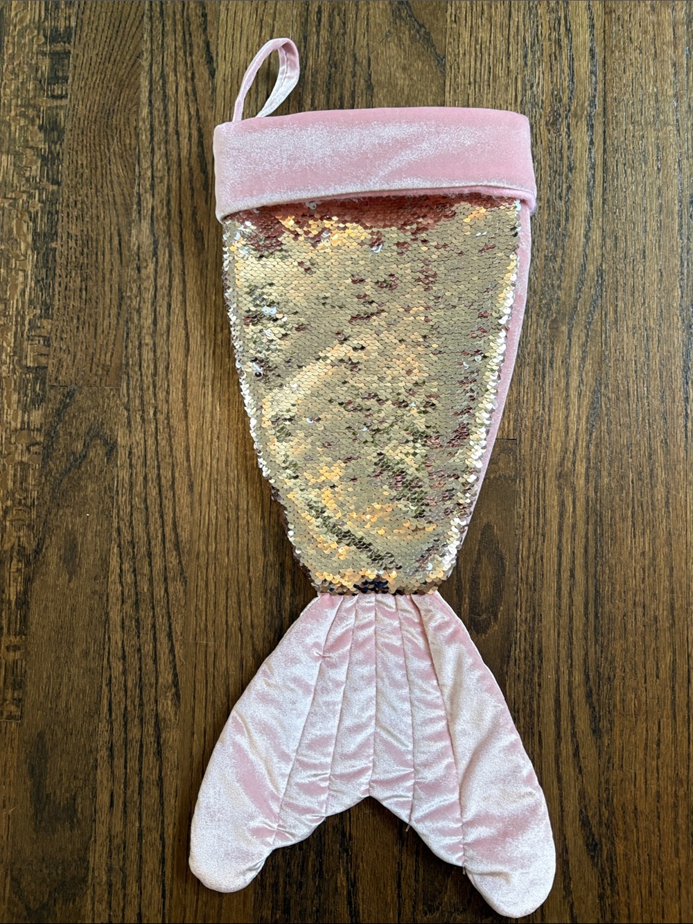 Pink Velvet Mermaid Tail Stocking with Reversible GoldWhite Sequin